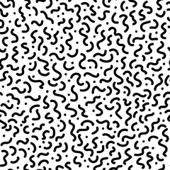 Black and white geometric memphis pattern with wavy lines and dots. 80s and 90s graphic design style. Vector seamless background.