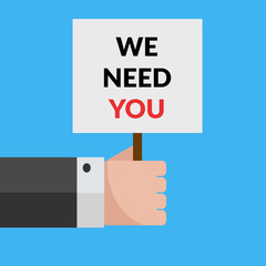 Hand holds plate We Need You. Job announcement design vector eps 10