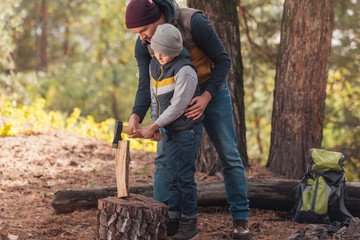 father and son chopping firewood