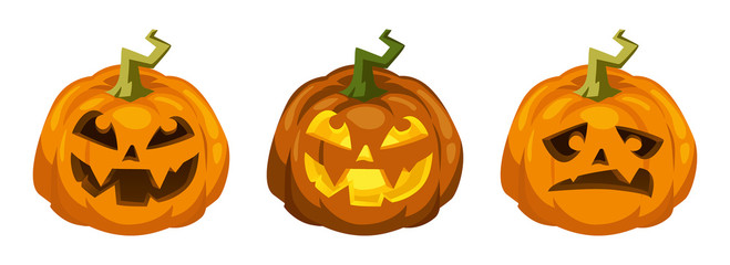 three Halloween pumpkins on white background