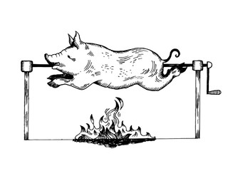 Piggy on spit engraving vector illustration - obrazy, fototapety, plakaty
