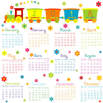 2018 Calendar with toy train and flowers