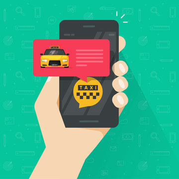 Taxi online service with using mobile phone vector illustration, flat cartoon smartphone with taxi cab and pin pointer in hand