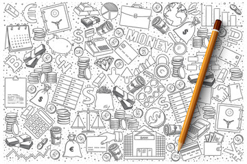 Hand drawn vector set of finance doodles