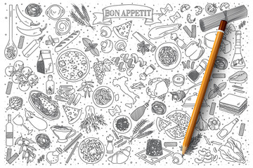 Hand drawn set of Italian food vector doodles