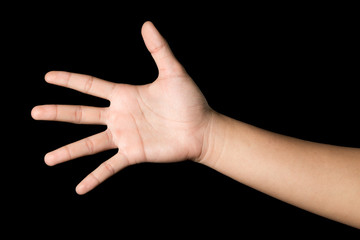 Hand signHand sign of five, fifth, etc. on black background