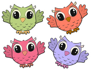 Four cute funny colored owls