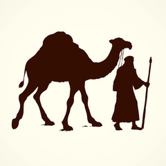 Arab with camel laden. Vector drawing