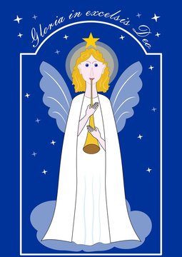 Cute gold-haired angel with trumpet, christmas illustration with latin inscription Gloria in excelsis Deo. Drawing on dark blue background with stars.