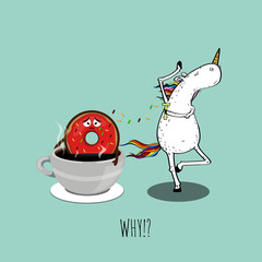 Funny concept of a shaving unicorn and a donut bathing in coffee. Vector illustration. Modern design