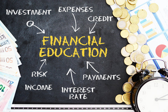 Financial Education Concept Handwritten On Blackboard, Near Cash Money And Classic Alarm Clock