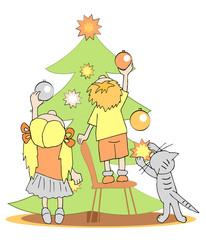 Children and cat decorating xmas-tree. White background.