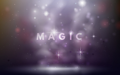 Abstract studio stage with spotlight, glowing sparkles and fog (smoke). Magic, mystical background, glittering and shiny
