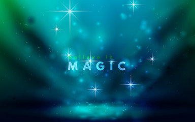 Abstract studio stage with spotlight, glowing sparkles and fog (smoke). Magic, mystical background, glittering and shiny