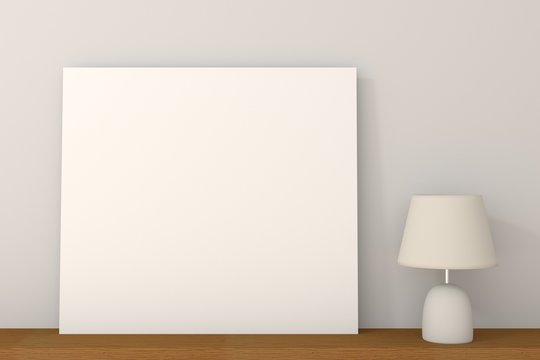 empty board put on the table with lamp, 3D Rendering