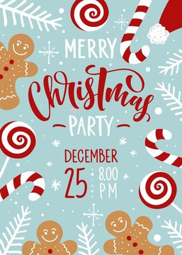 Christmas party invitation hand drawn lettering and ornament decoration. Christmas holidays flyer or poster design.
