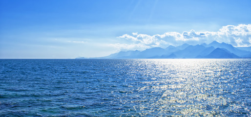 Panoramic view on Mediterranean Sea and mountains from a harbor in old town Kaleici. Antalya, Turkey