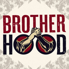 Brotherhood Sign Of Arm-wrestling Handshake Logo. Vintage propaganda poster and elements. Isolated artwork object. Suitable for and any print media need.
