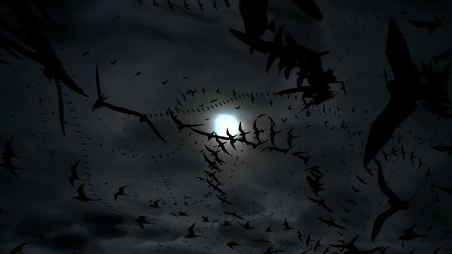 Creepy bird swarm under moon, dark Halloween background abstract