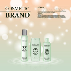 3D realistic cosmetic bottle ads template. Cosmetic brand advertising concept design with glitters and bokeh background