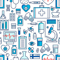 Medical icons vector seamless pattern. Health care sign collection. Medicine equipment silhouette illustration. Ambulance symbols.