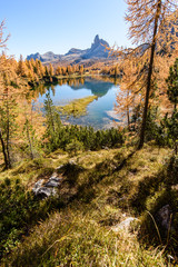 Fototapeta na wymiar Lake Federa, Dolomites. Autumn colors and reflections