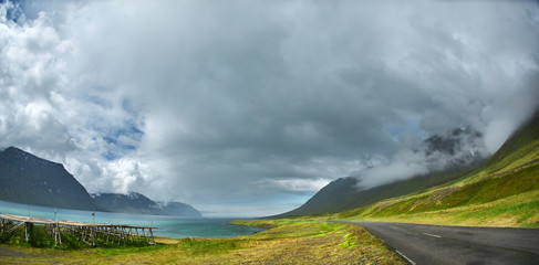 beautiful Icelandic landscape with field in the foreground and the mountains and the fjords and the ocean in the background. Old pier on the shore of the bay