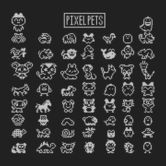 Collection of pixel animals like vintage personal game.