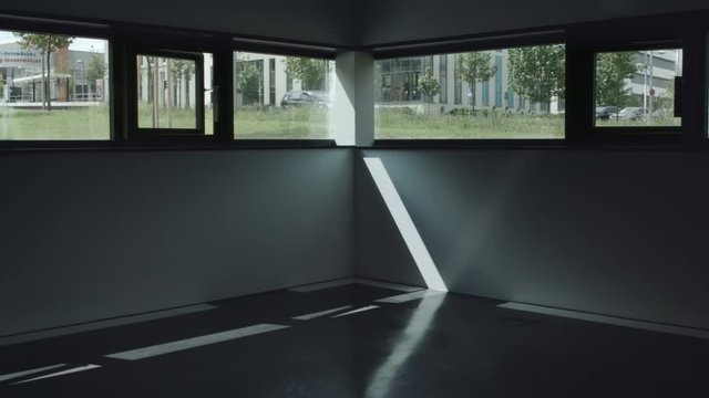 The corner of an empty basement office interior looks bland while outside and above the summer sun shines giving lively colors to the plants.