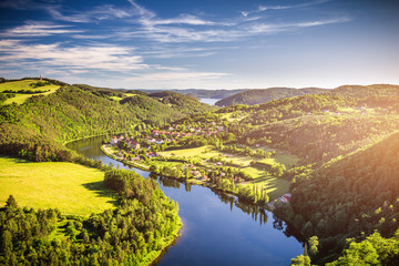 View of Vltava river horseshoe shape meander from Solenice viewpoint, Czech Republic