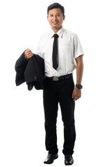 Portrait of a young businessman adjusting his shirts. Isolated on white background