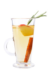 Mulled wine with apple, cinnamon sticks, rosemary isolated on white background. Mulled wine in a tall glass.