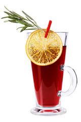 Mulled wine with orange, rosemary isolated on white background. Mulled wine in a tall glass decorated with a decorative clothespin and a slice of dry orange.