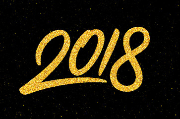 Happy New Year 2018 greeting card design template with gold text on black background. Calligraphy for chinese year of the dog. Vector illustration