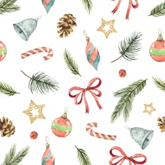 Gordijnen Aquarel vector Kerst naadloos patroon met dennentakken, geschenken en kegels. © ElenaMedvedeva