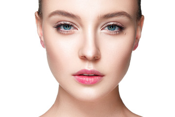 Fototapeta premium Beautiful woman portrait with fresh clear nude make up, healthy skin, skin care.