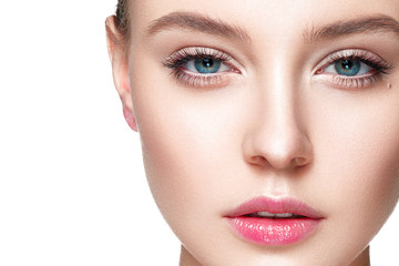 Fototapeta premium Beautiful woman portrait with fresh clear nude make up, healthy skin, skin care.