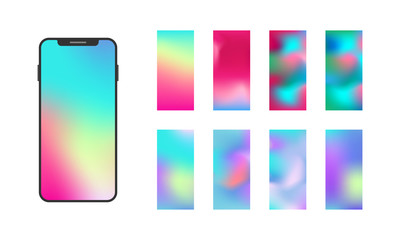 Modern Smartphone App Screen. Soft Color Gradient Background. Holographic Wallpaper Set. Vector.
