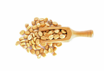 Coffee beans in scoop on white background