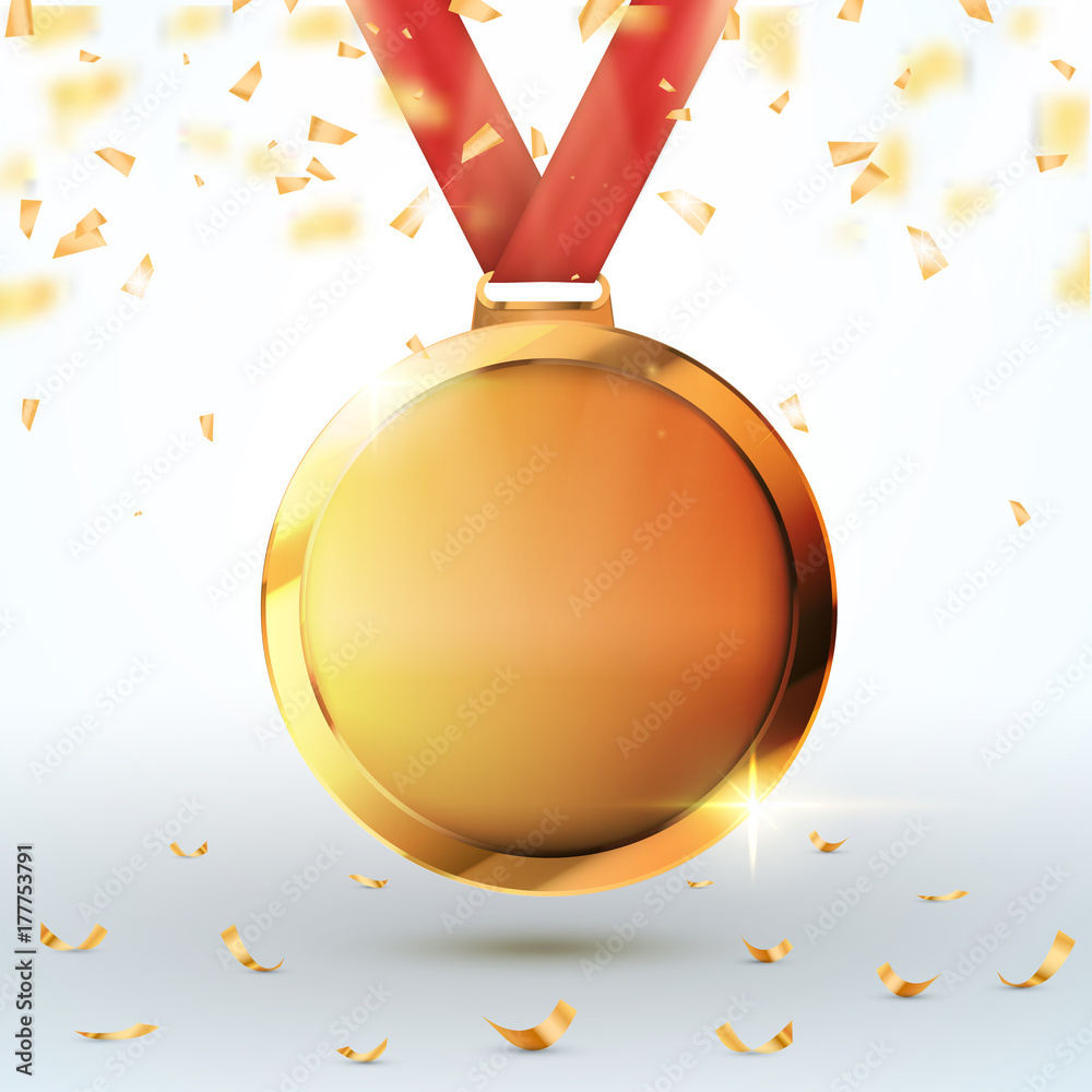 Wall mural Winner concept. Blank gold medal with confetti. Vector illustration