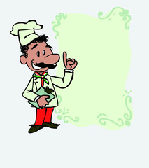 happy italian chef is showing, as if he were in front of a blackboard, the data you want. He has a folder in his hand.