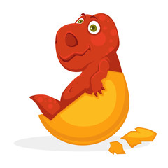 Bright red baby dinosaur inside yellow egg shell