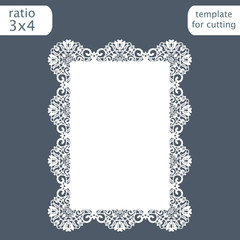 Laser cut wedding invitation card template with openwork border.  Cut out the paper card with lace pattern.  Greeting card template for cutting plotter. Vector.