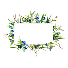 Watercolor Christmas Frame with Juniper Twigs and Winter Berries (hand painted)