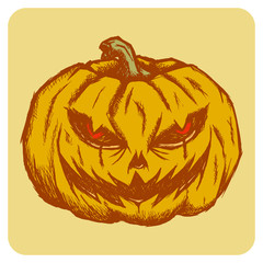 Hand drawn colored vector sketch illustration - creative vintage tee shirt apparel print poster design, Halloween evil pumpkin.