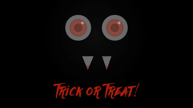 Halloween video where first bloody red text in scary style Trick or Treat! appears and then the monster with red eyes and blood on his teeth appears from nowhere, black background