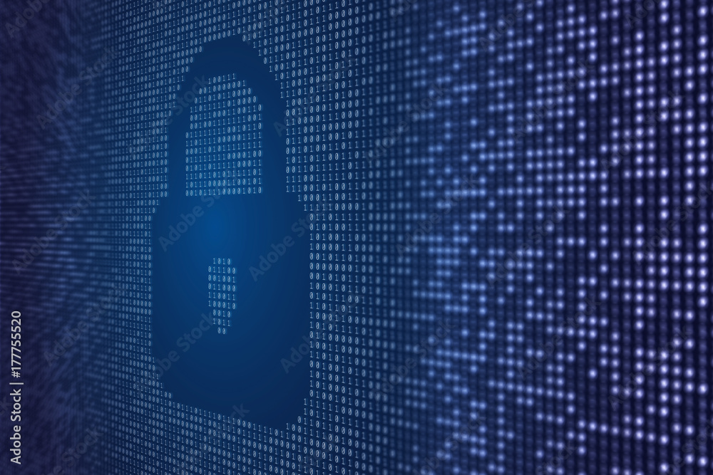 Poster binary data code background with locked padlock icon. online security