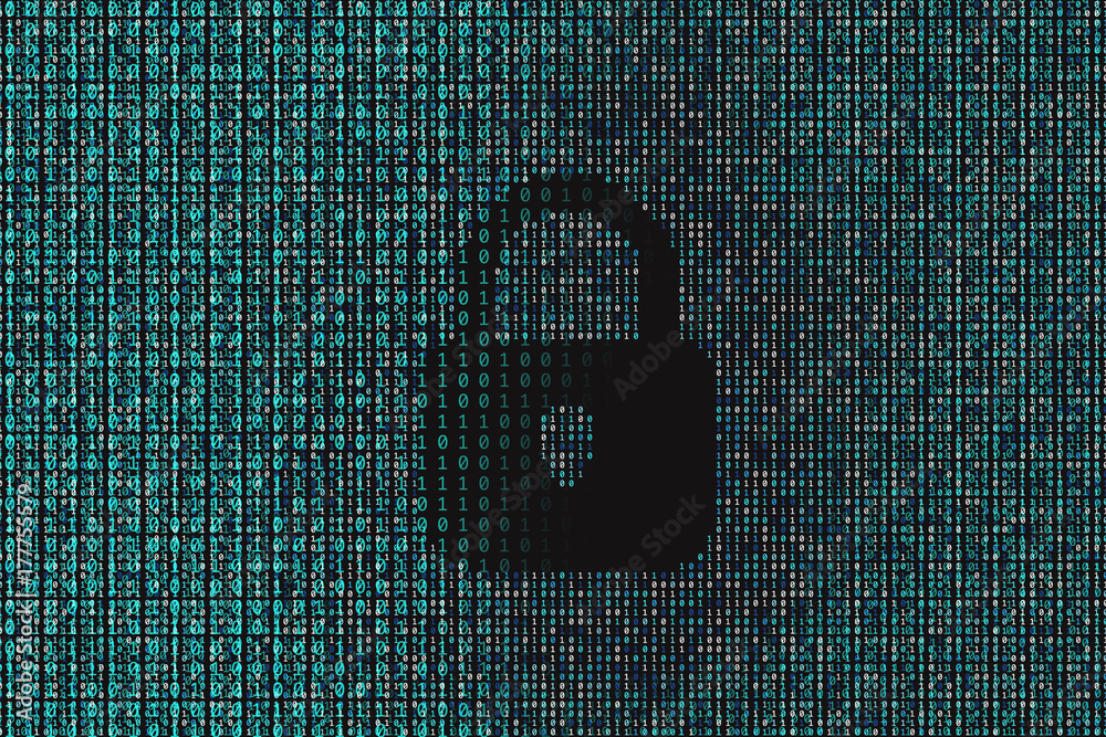 Poster binary data code background with locked padlock icon. online security