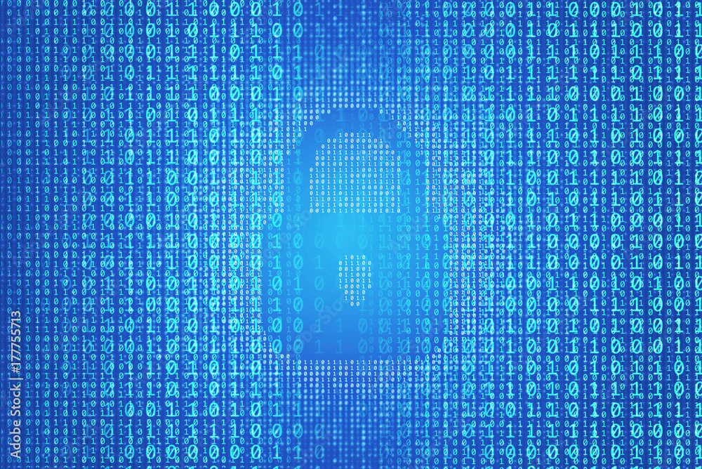 Poster binary data code background with locked padlock icon. online security