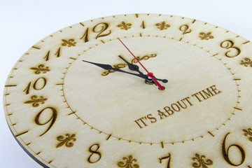 Wooden round wall watch - clock isolated on white background. Manage your time